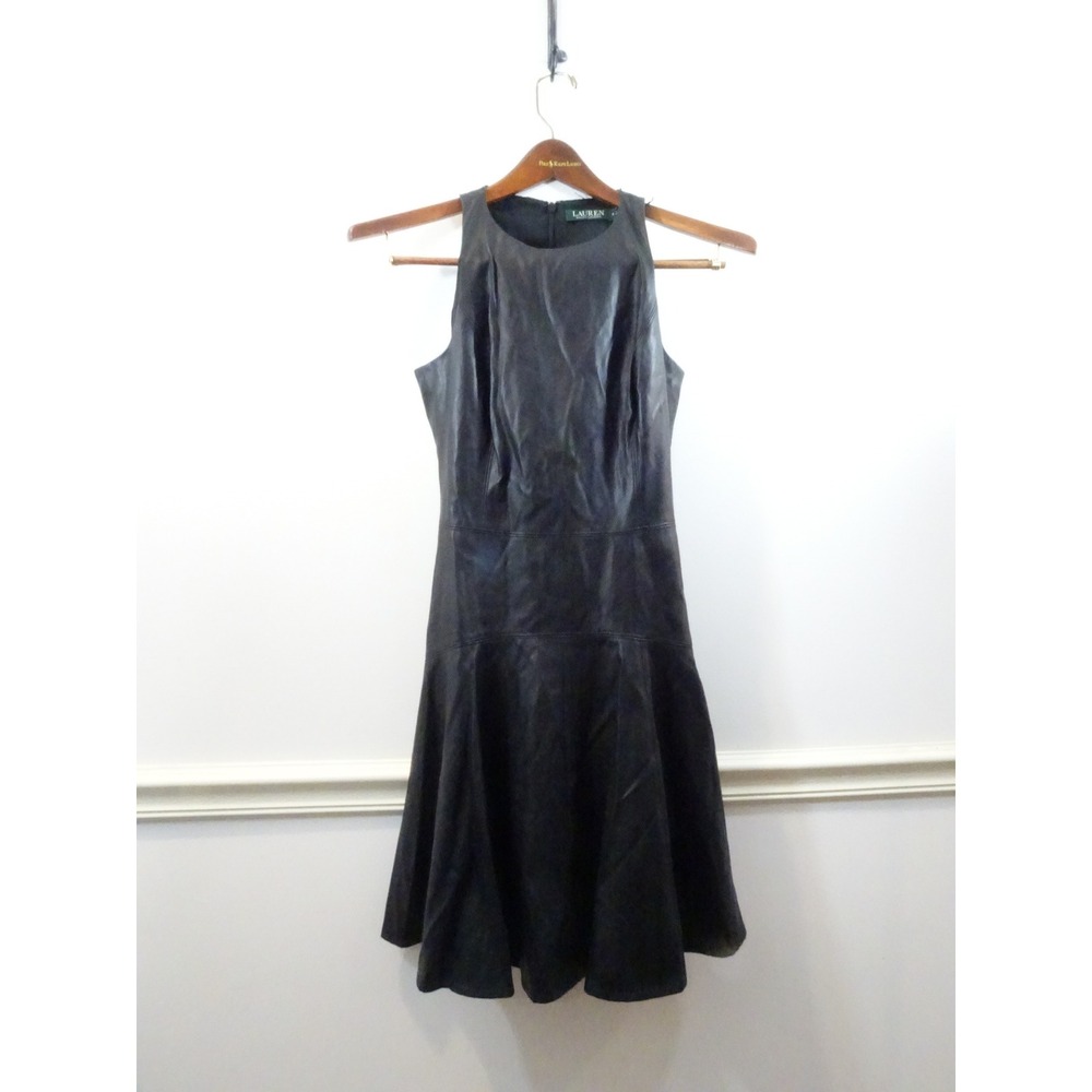 Lauren Ralph Lauren Black Faux Leather Fit and Flare Dress Sleeveless Size 2